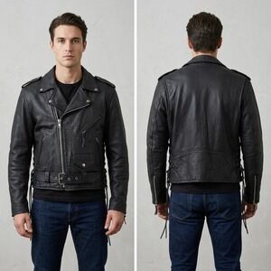 First Genuine Leather Motorcycle Jacket Mens 42 Black Side Lace Double Rider Vtg